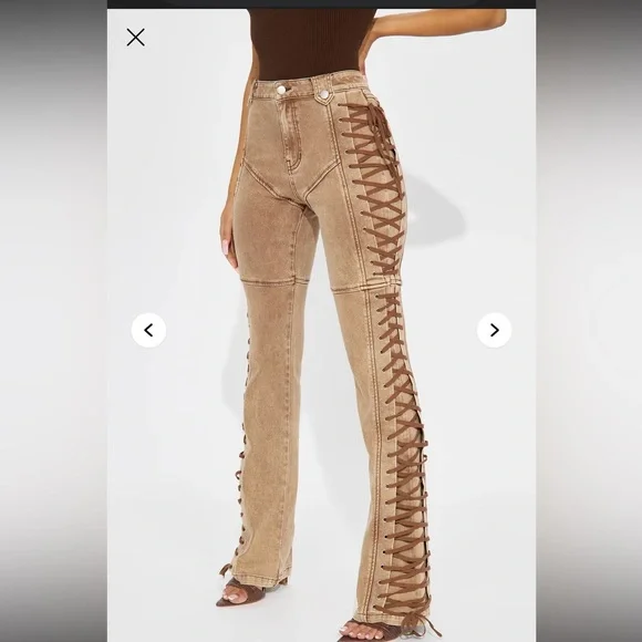Boutique Tan Flare Pants with Lace-Up Detail - Picture 2 of 13